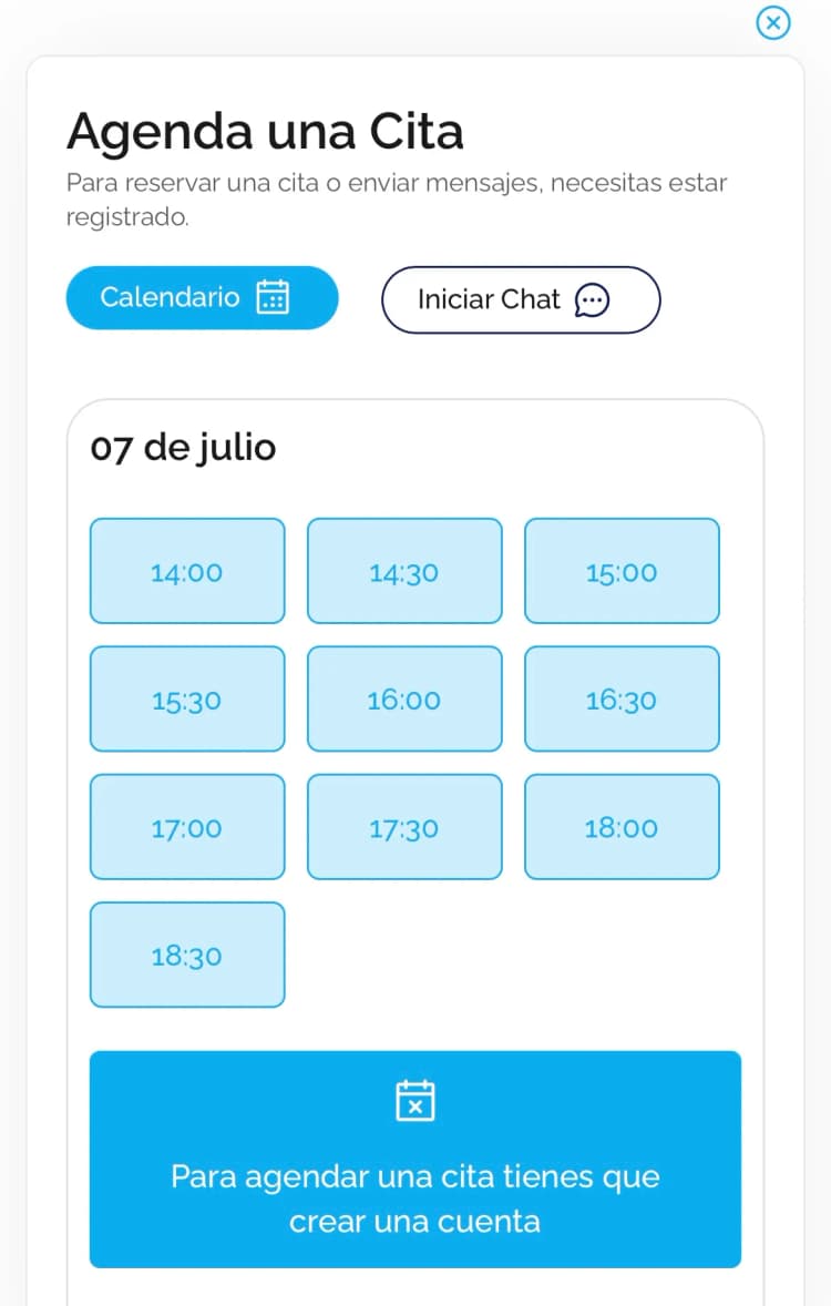 Pantalla de Agenda una Cita con calendario y horarios